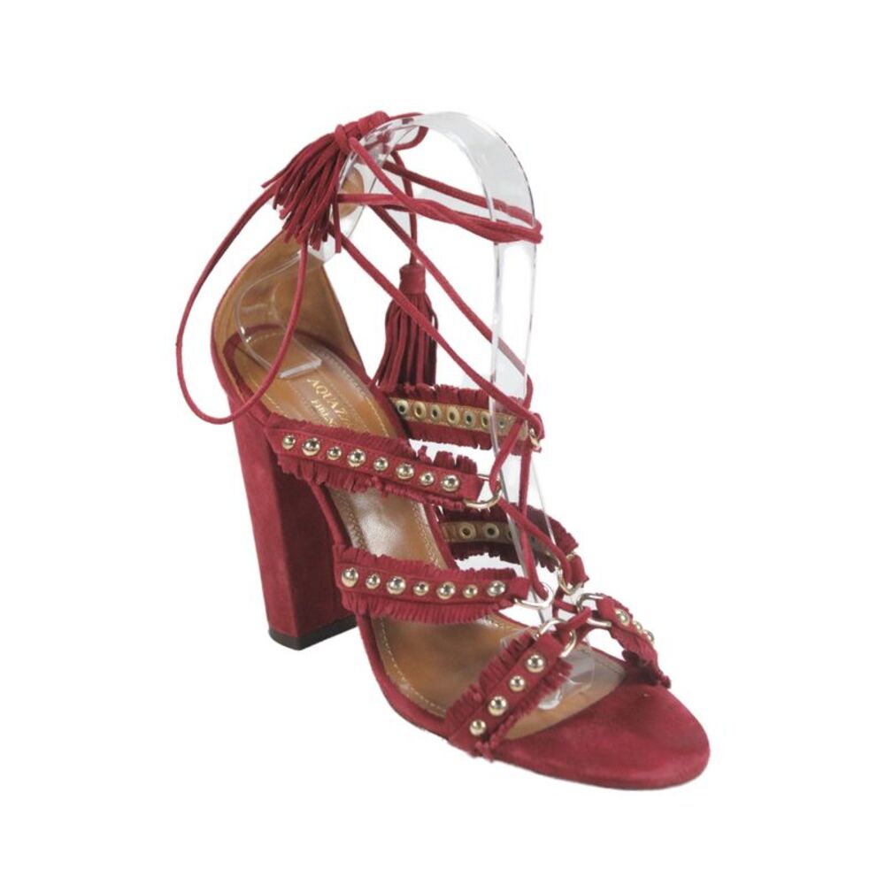 Aquazzura Womens Suede Studded Fringe Sandal Heels Red Size 37 7